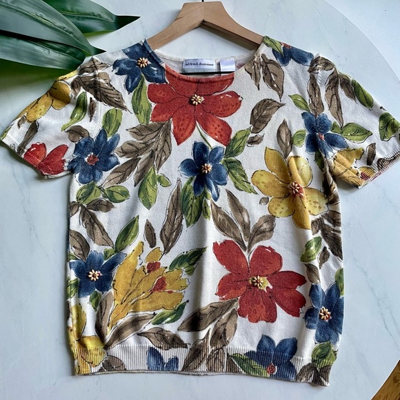 Alfred Dunner Vintage Floral Short Sleeve Knit Top Size Petite Large - Picture 3 of 4